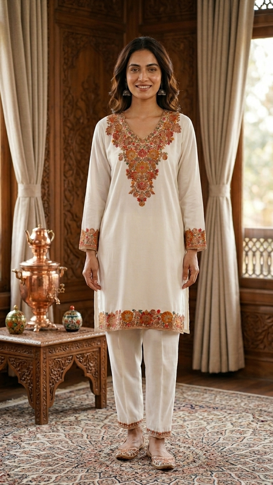 Off White Cotton Stitched Co-ord Set( 44)