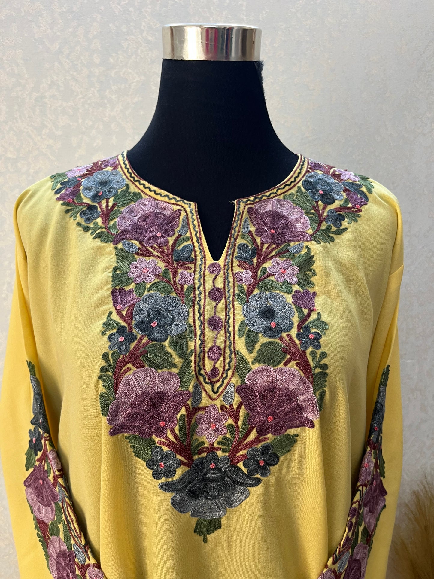 Yellow Cotton Aari Work Kurta