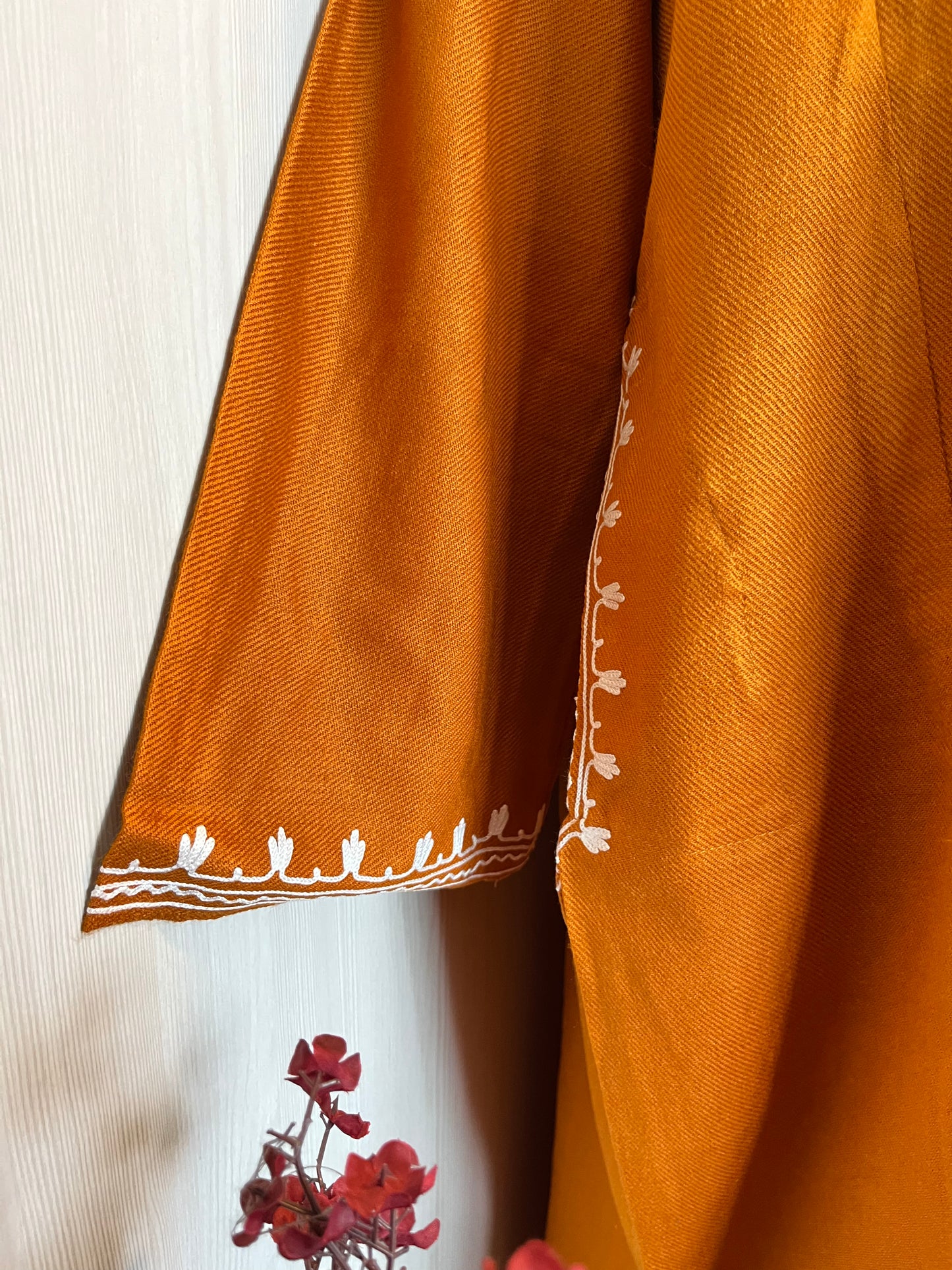 Orange Aari Embroidered Cashmilon Pheran