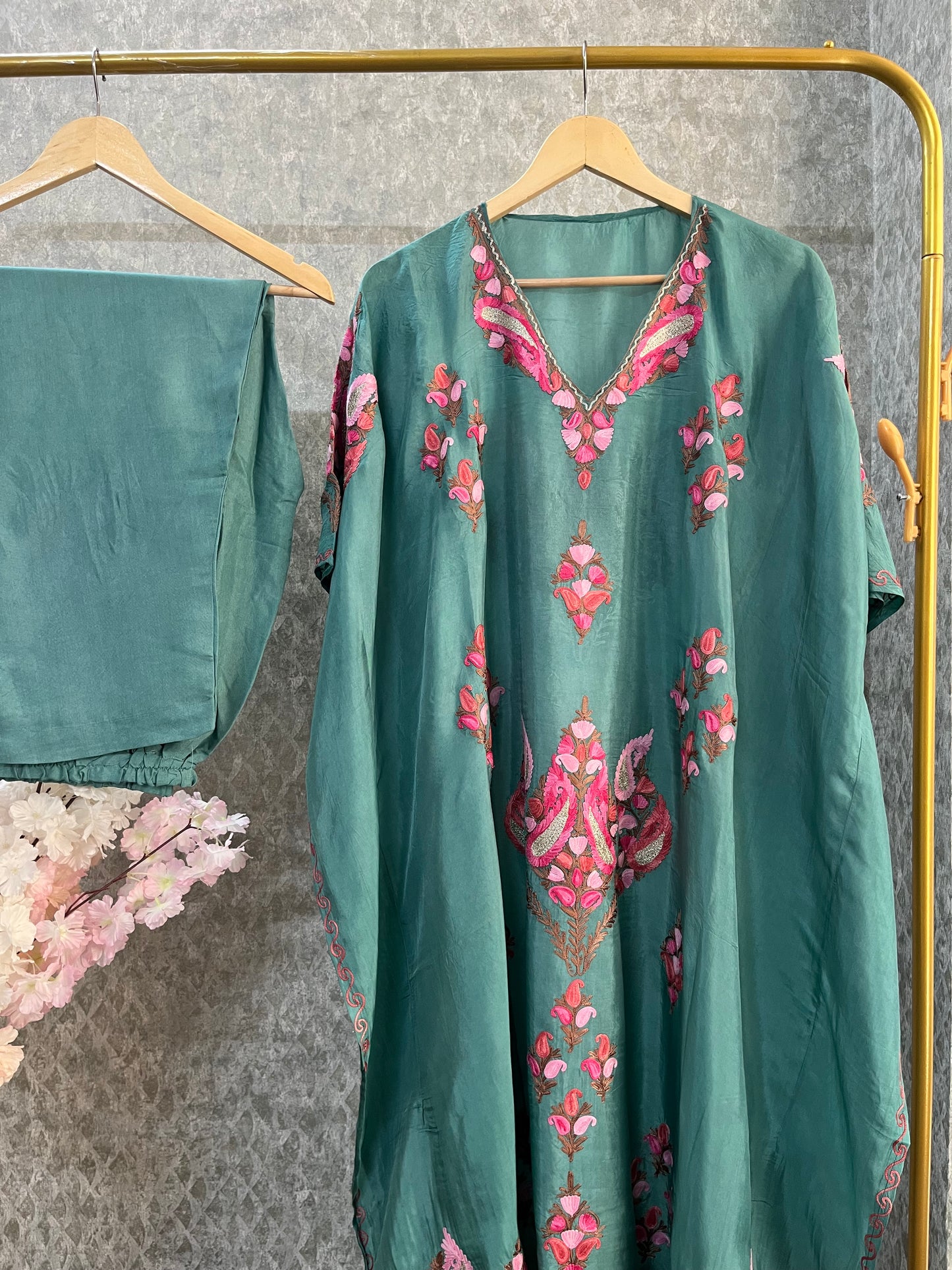 Soft Green Opada Silk Kashmiri Kaftan Set