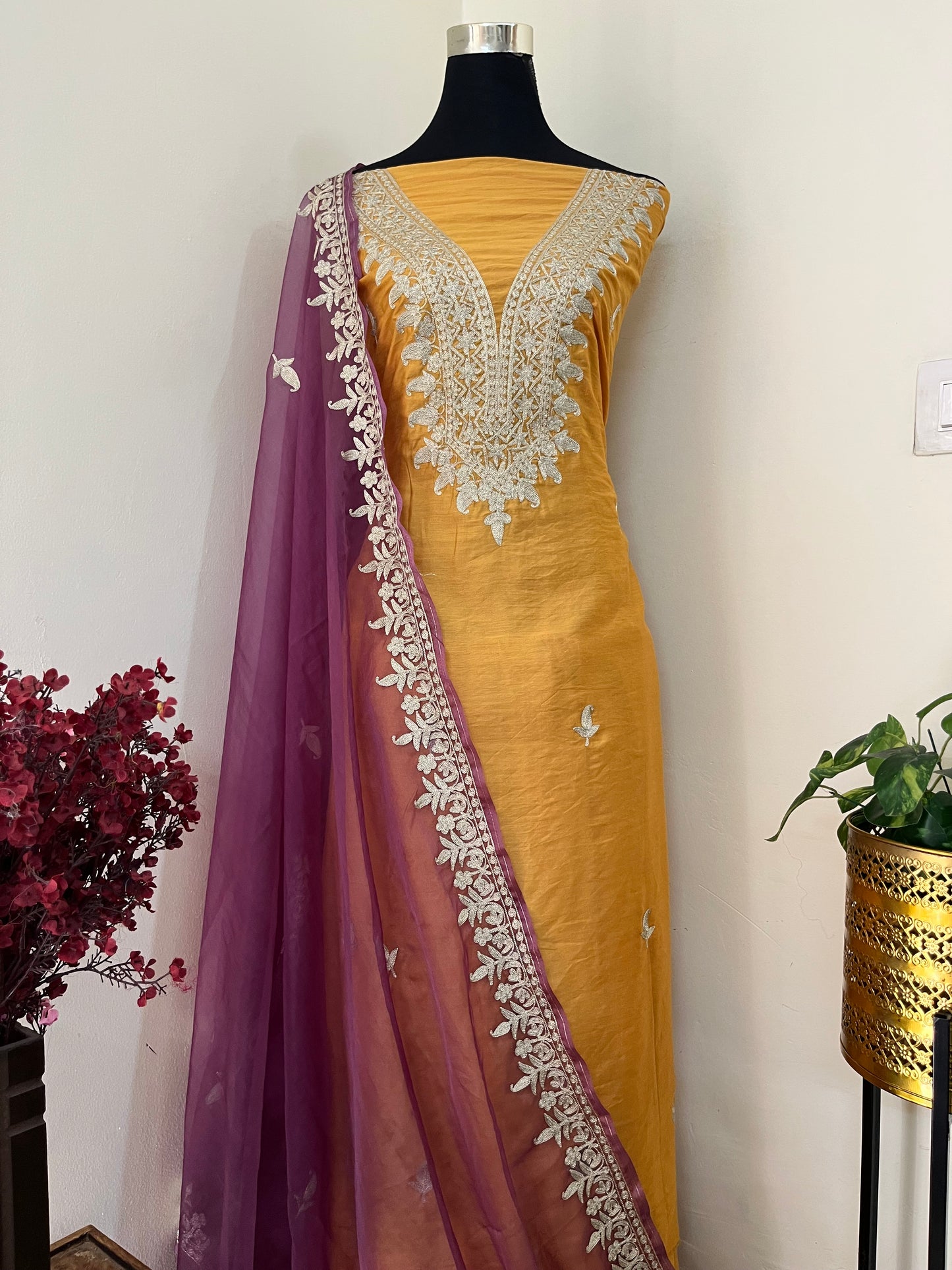 Golden Yellow Chanderi Silk Kashmiri Suit