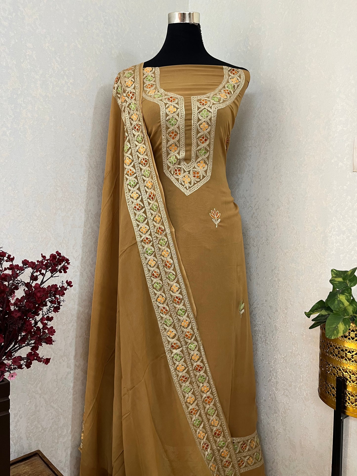 Golden Pure Georgette 3Pc Kashmiri Embroidered Suit