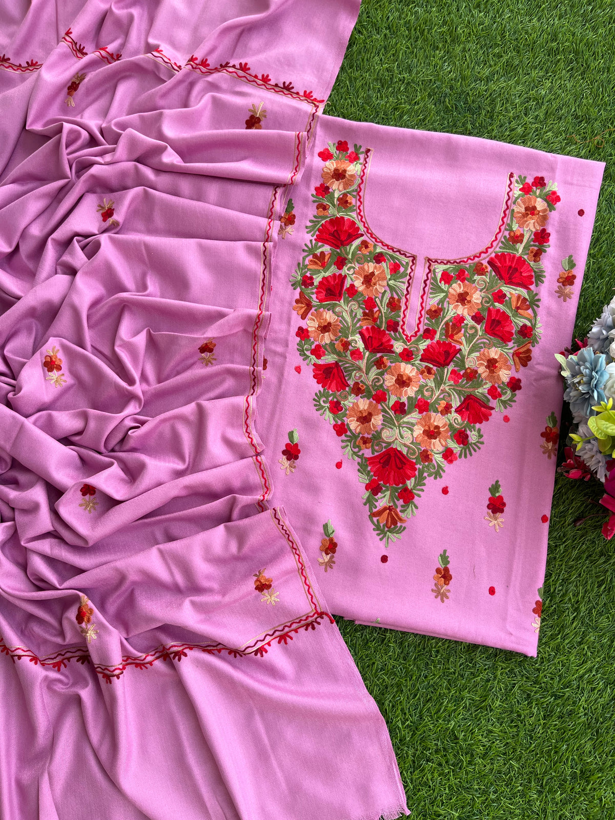 Playful Pink Woollen Aari Embroidered 3pc suit