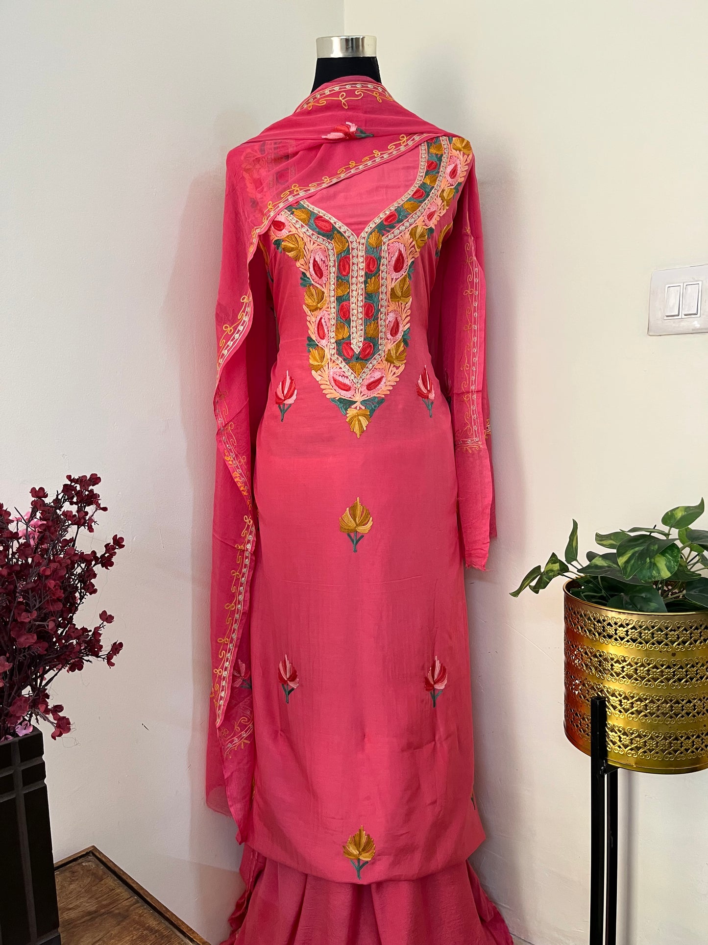 Candy Pink Muslin Cotton Aari Embroidered 3pc set