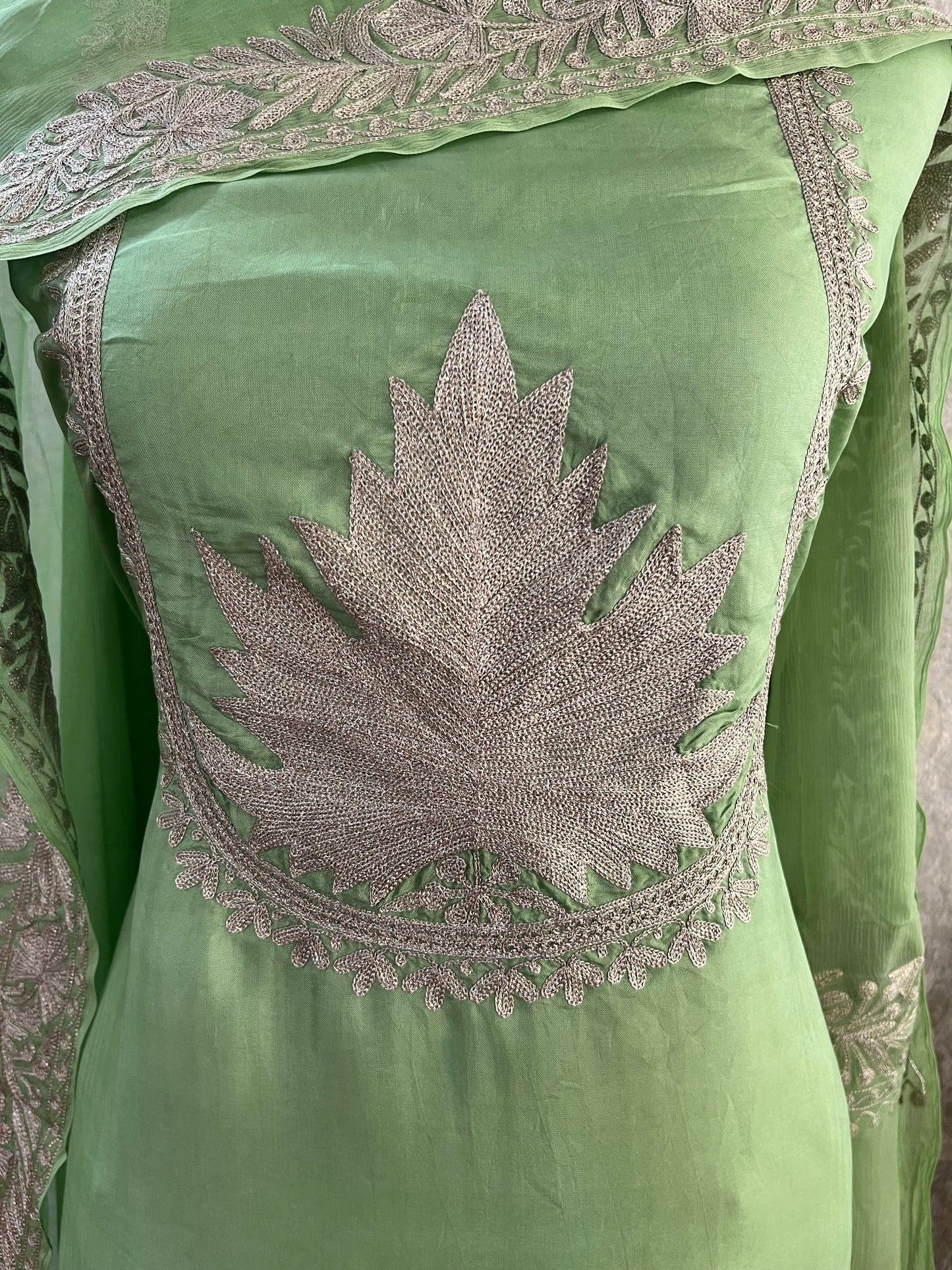 Soft Green Sanam’ Tilla Kashmiri Silk Suit