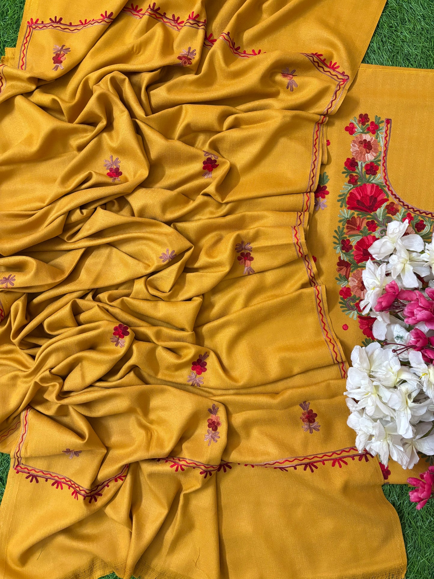 Golden Yellow Woollen Aari Embroidered 3pc suit