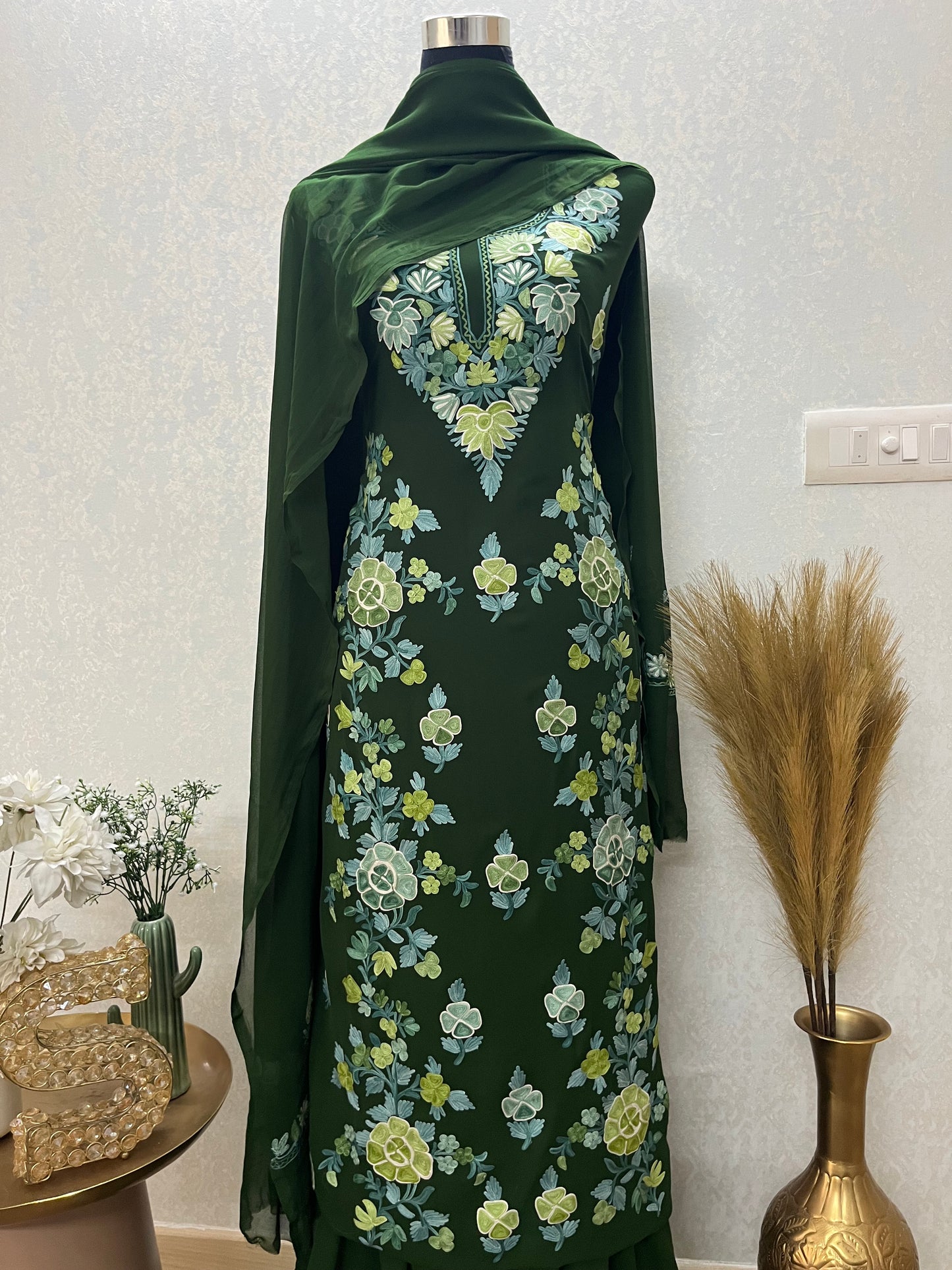 Green Georgette 3 Pc Kashmiri Suit
