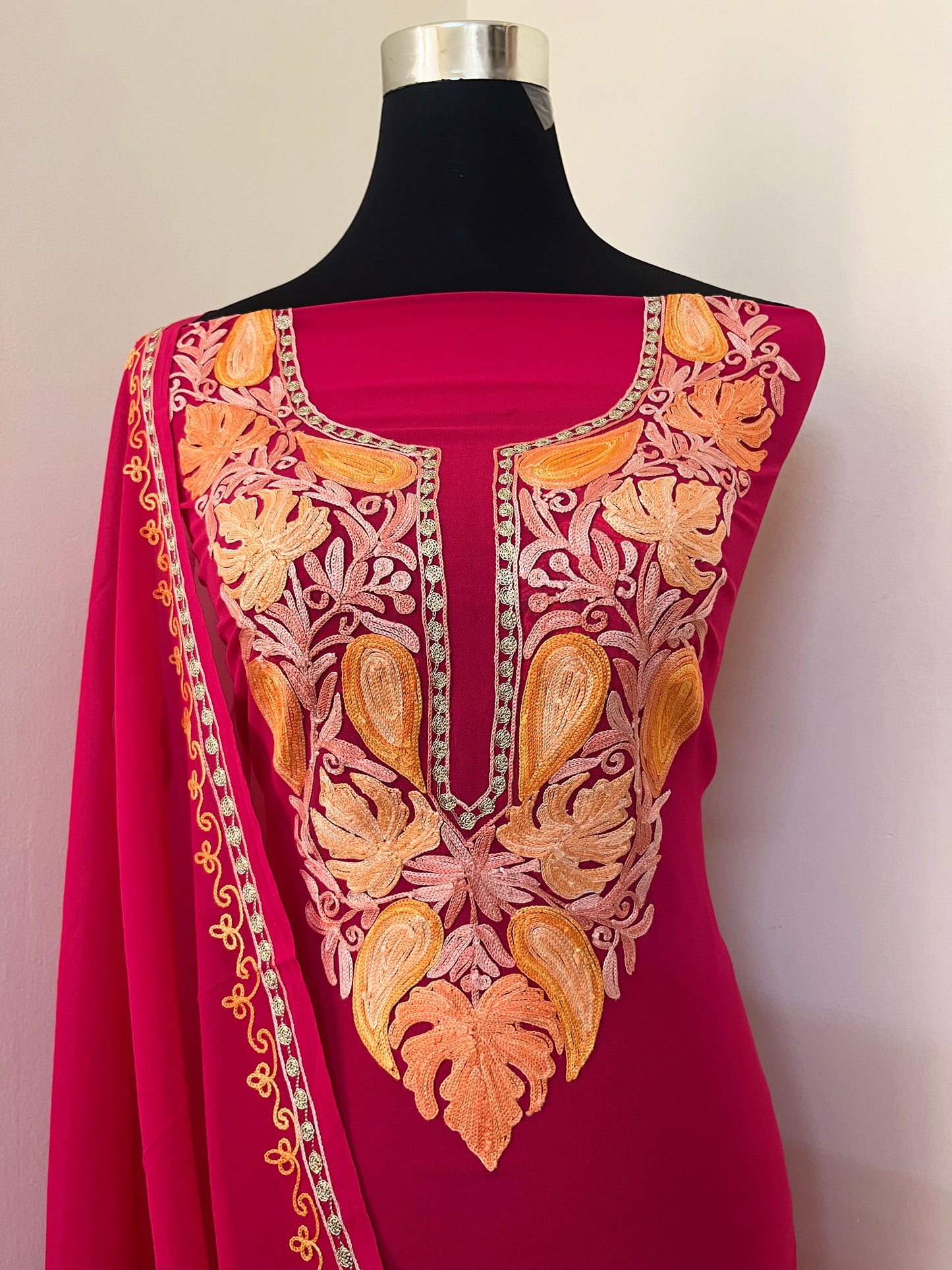 Hot Pink Georgette Shirt and Dupatta Aari Embroidered Suit