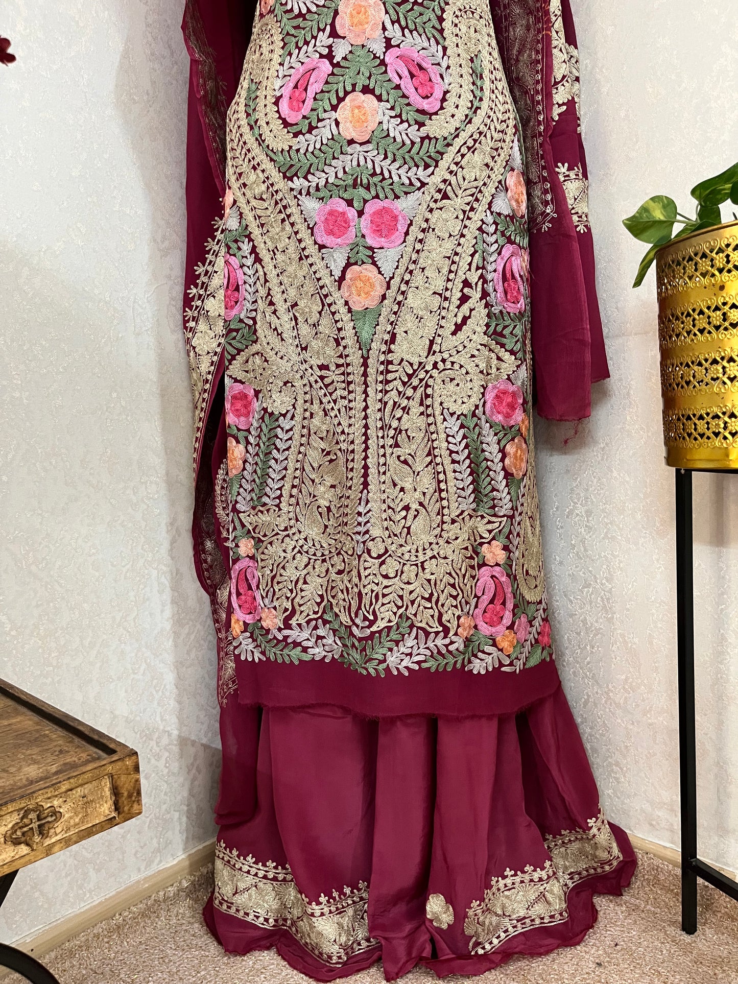Wine Georgette 3 Pc Aari Embroidered Suit