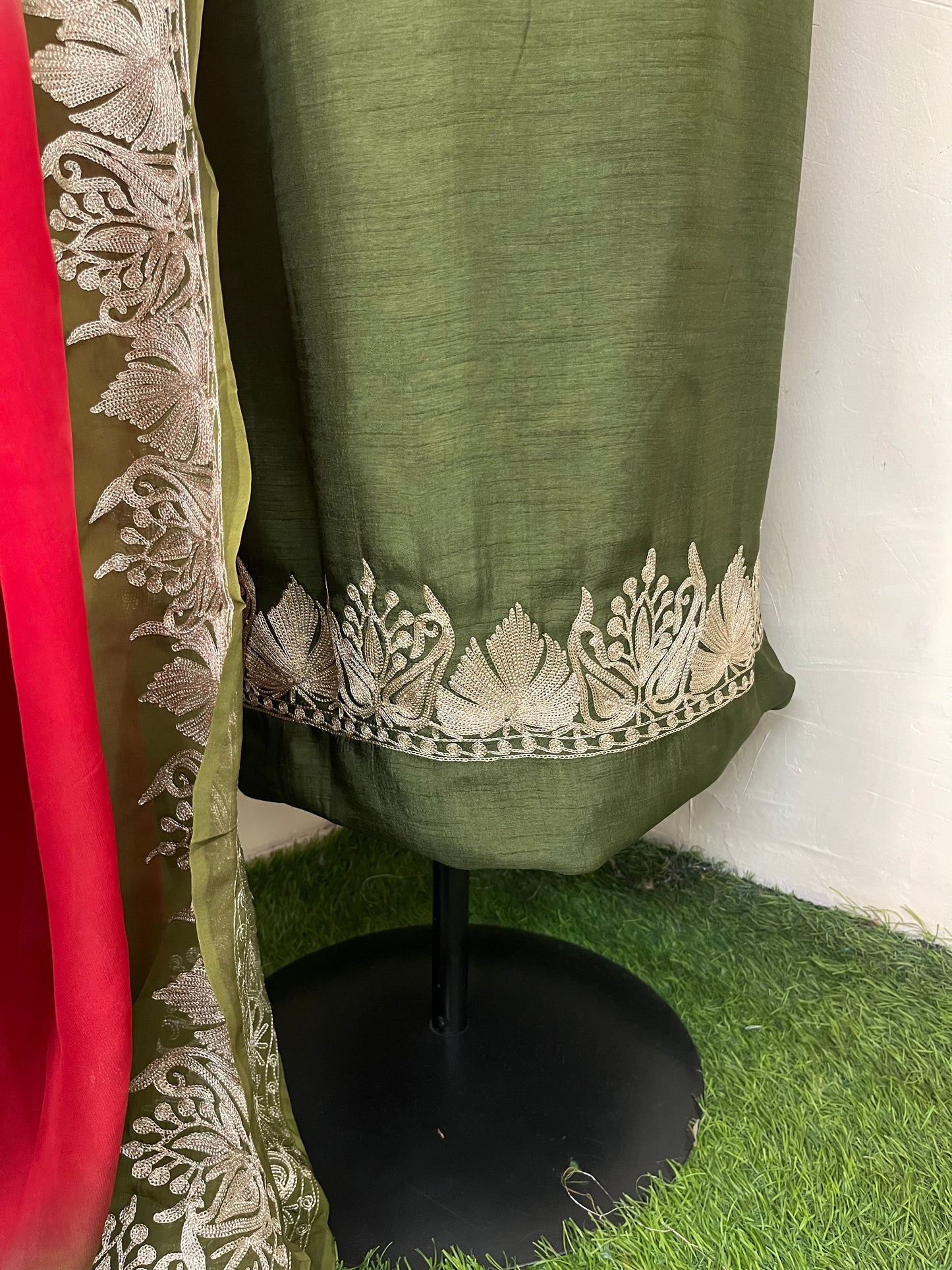 Sanam Army Green Silk Kashmiri Suit