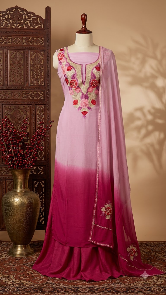 Baby Pink Pure Georgette Double Shade Kashmiri Suit