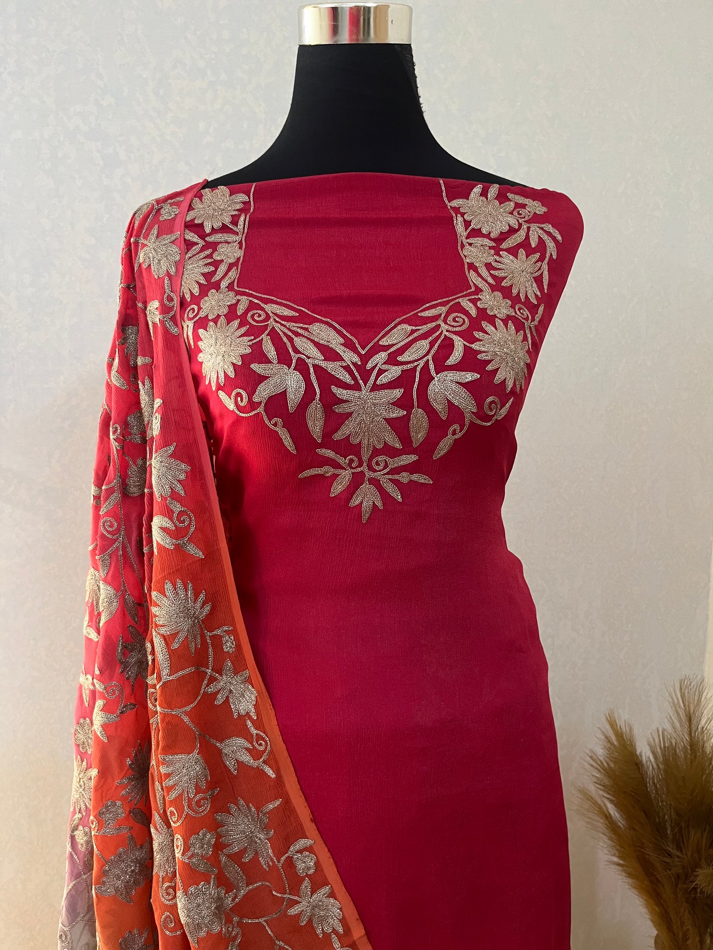 Coral Pink Pure Chinon 3 Pc Heavy Kashmiri Suit