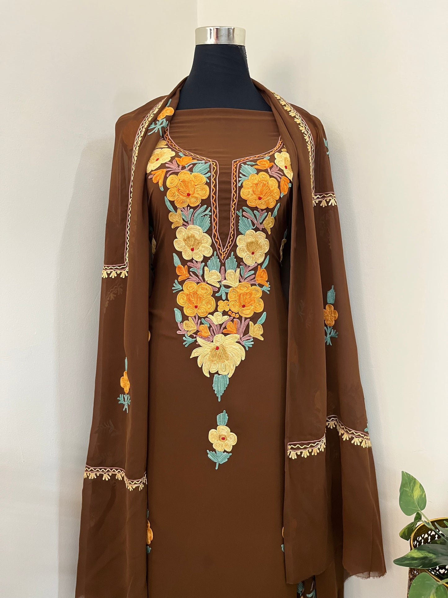 Coffee Georgette  3 Pc Aari Embroidered Suit