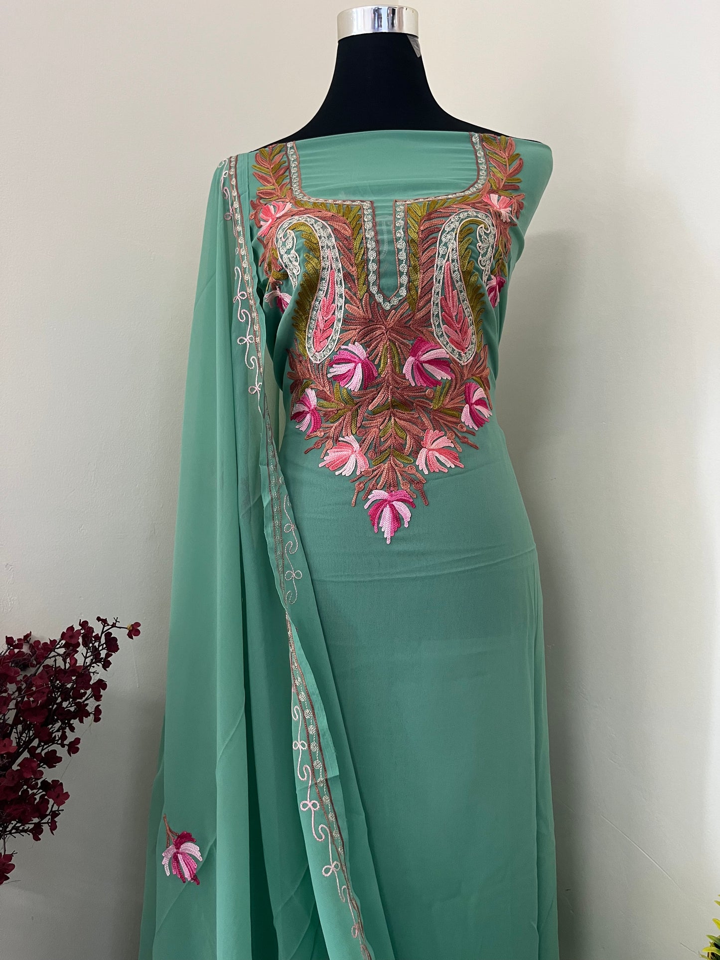 Tea Green Georgette Shirt and Dupatta Aari Embroidered Suit