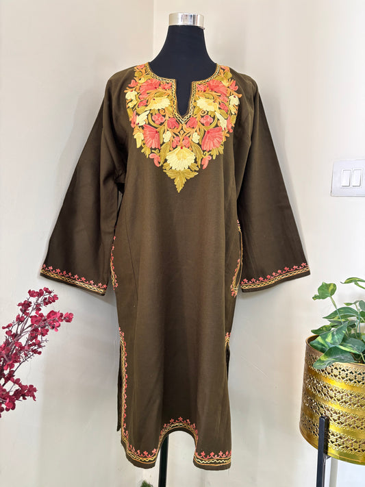 Army Green Aari Embroidered Wool Pheran