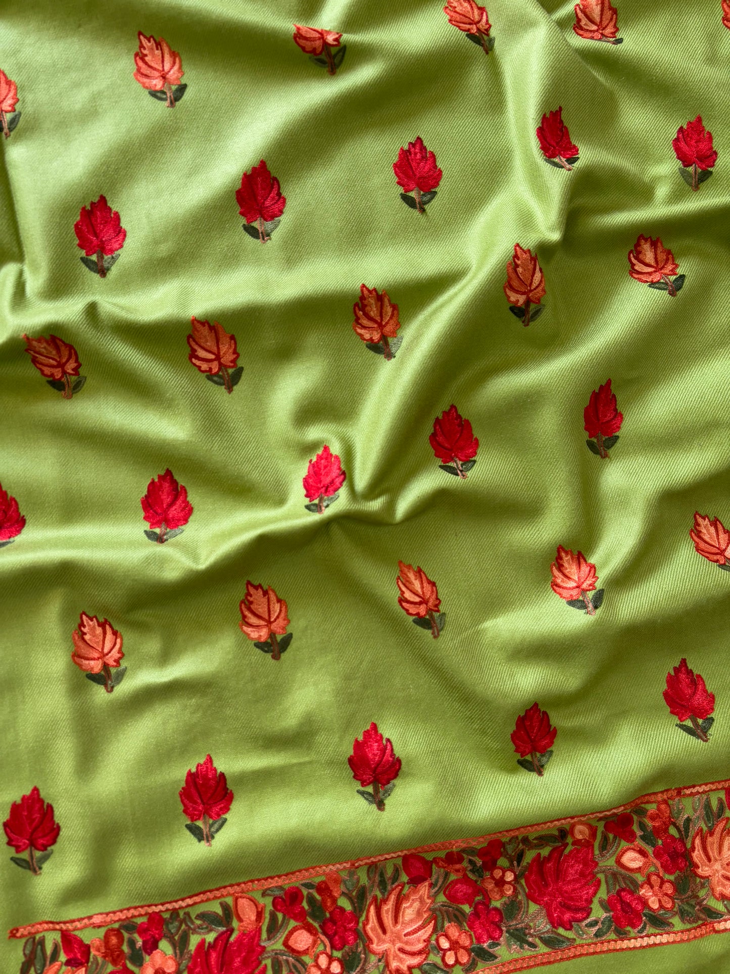 Pista Green Chinar Woollen Aari Embroidered 3pc Suit Stole