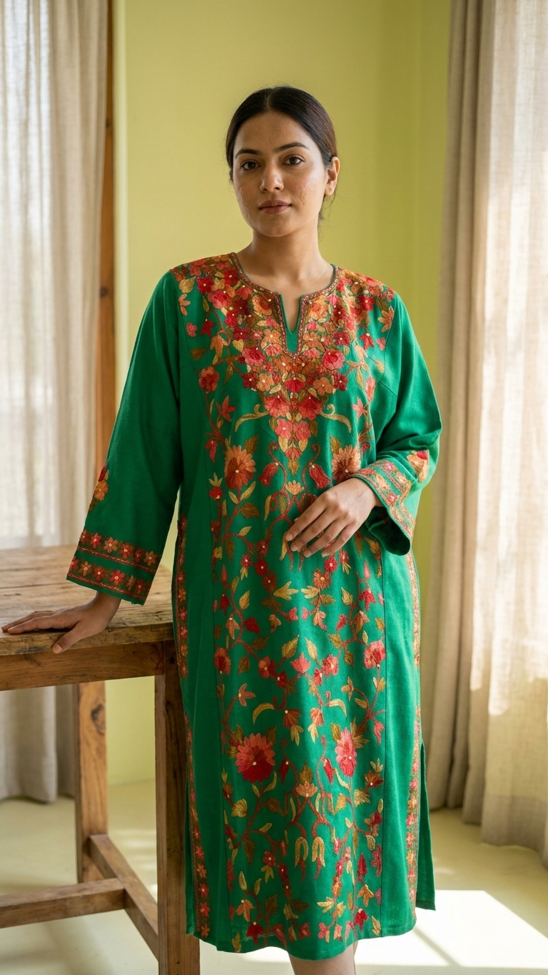Green Aari Embroidered Wool Pheran