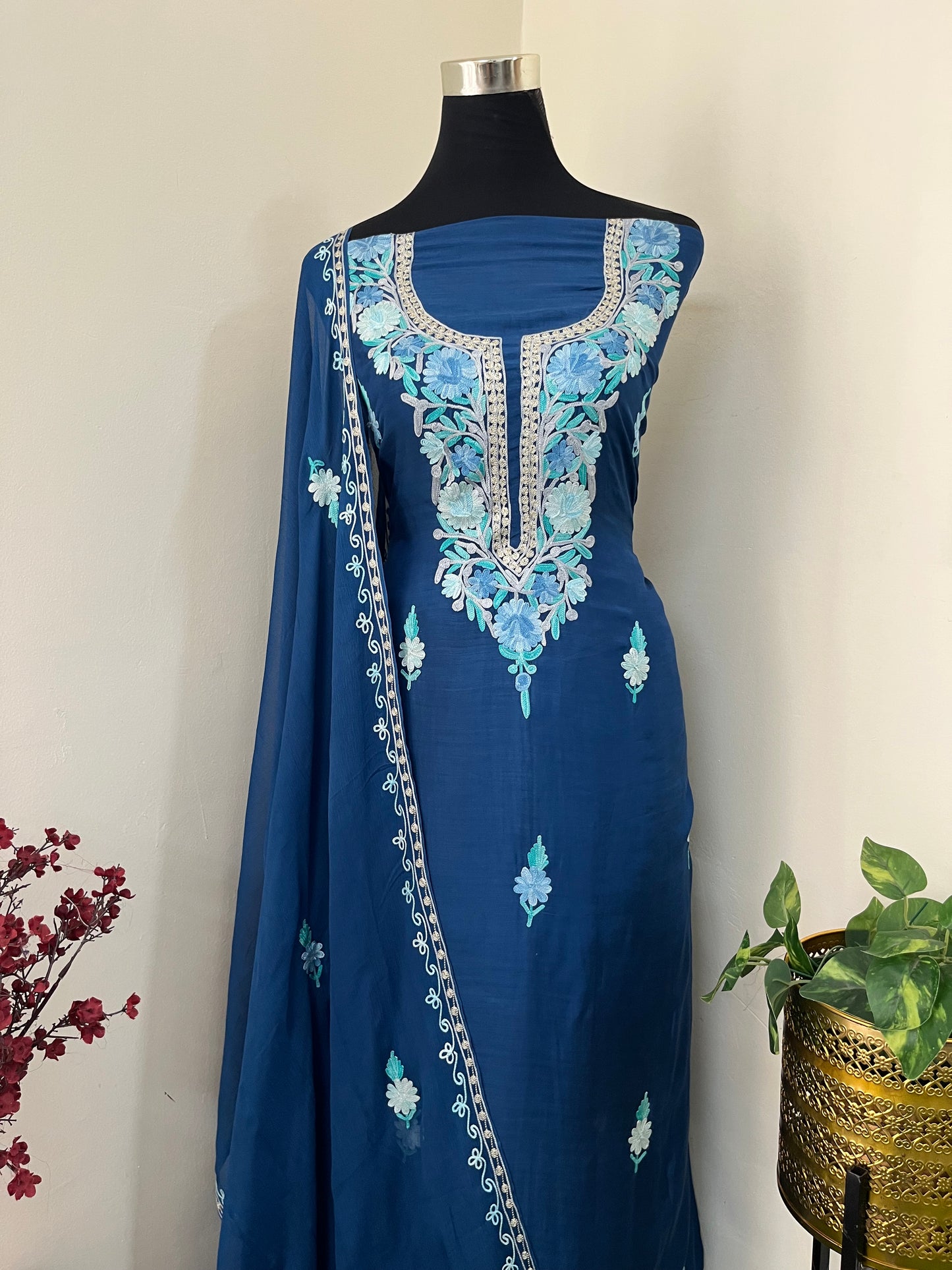 Blue  Muslin Cotton Jaal Sleeves Kashmiri 3pc Suit