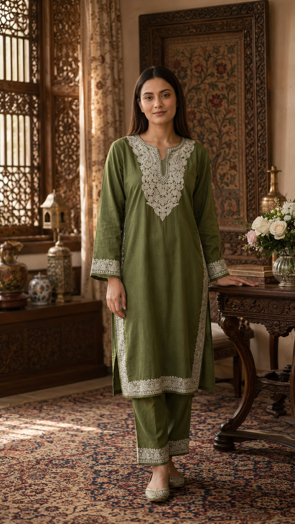 Army Green Cotton Kashmiri Pheran Set (46)