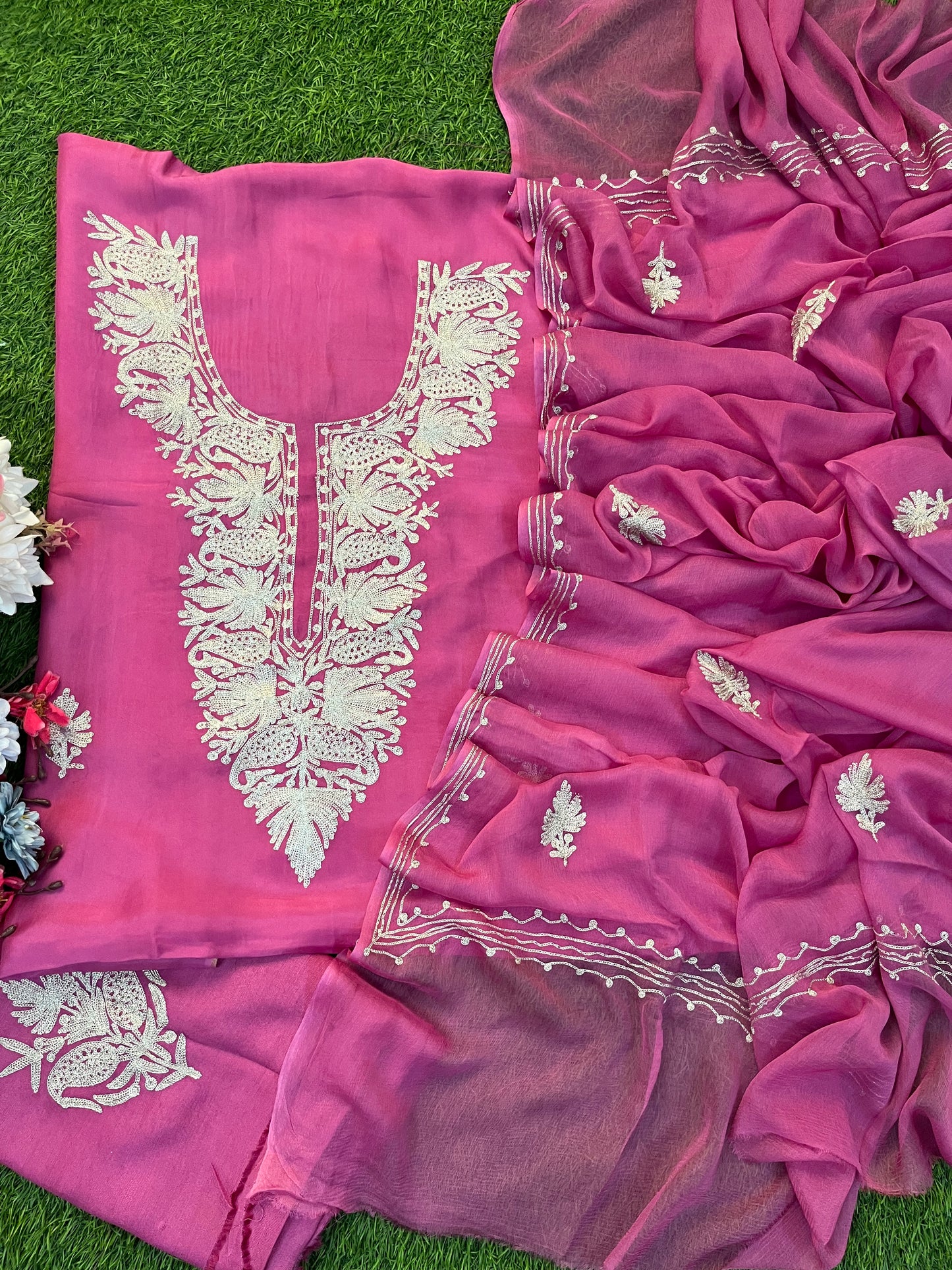 Rose Pink Silk Tilla Kashmiri Suit