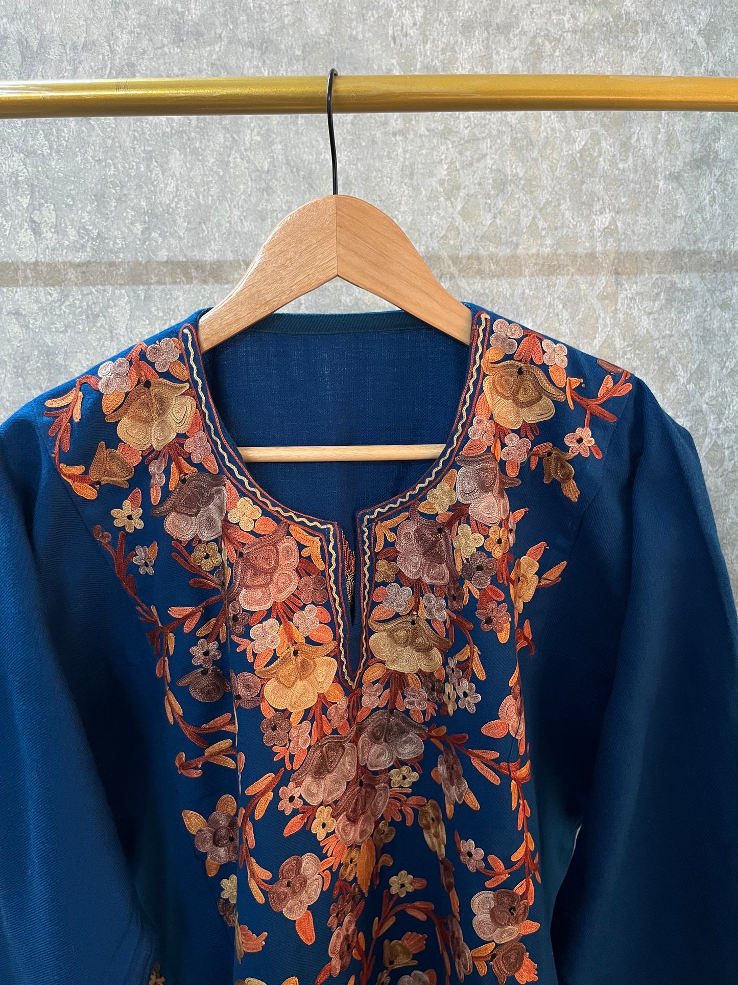 Peacock Blue Aari Embroidered Wool Pheran