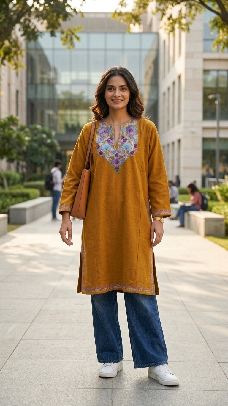 Mustard Yellow Aari Embroidered Wool Pheran