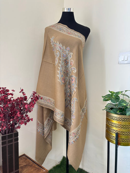 Beige Silk Thread Ambi Aangan Embroidered Fine Semi Pashmina stole