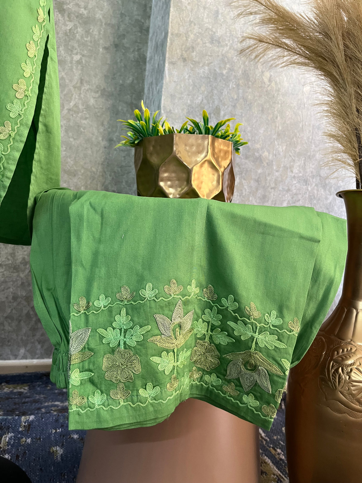 Lawn Green Cotton Front Jaal Pheran Set  Size(44)