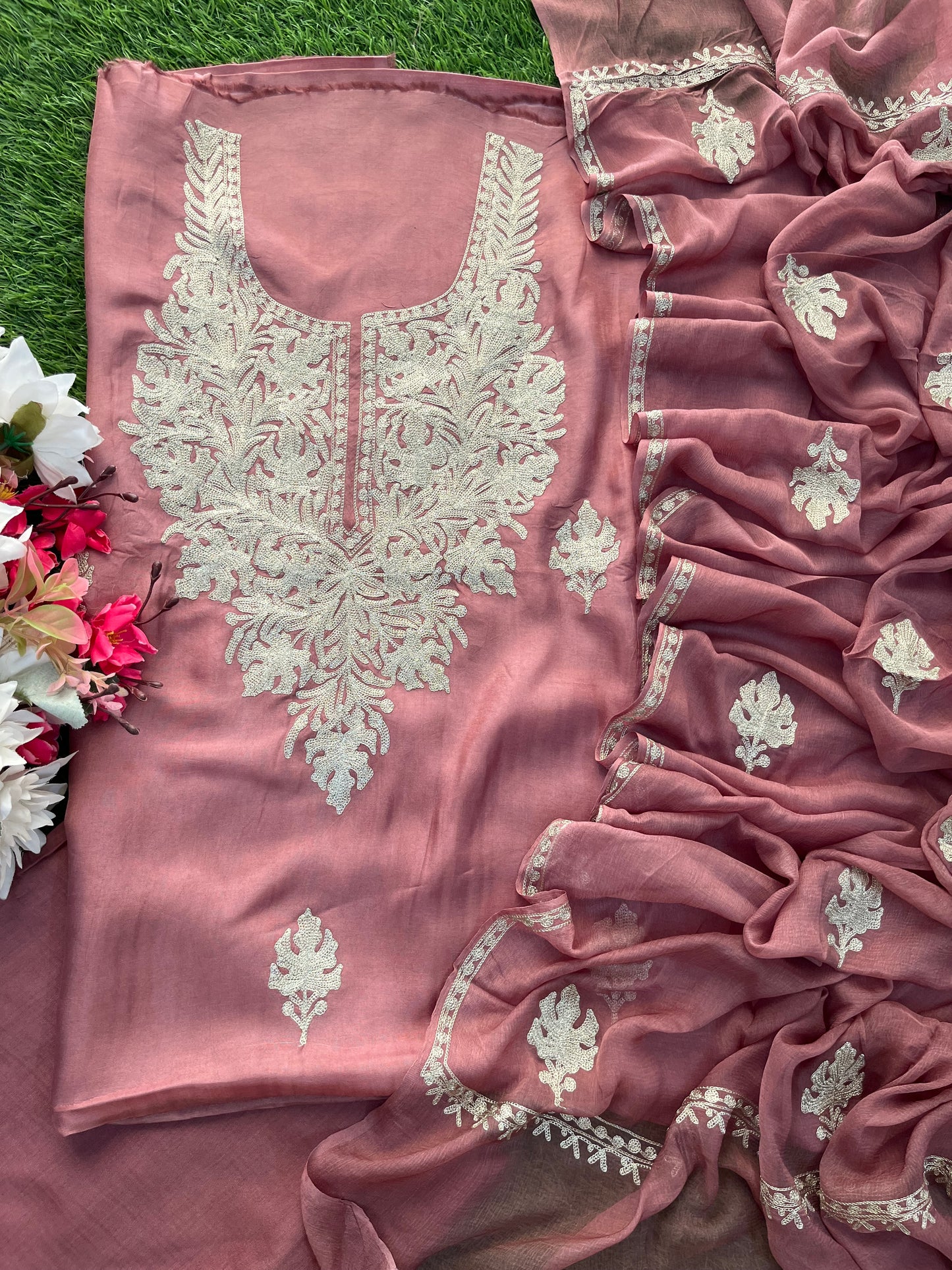 Onion Pink Silk Tilla Kashmiri Suit