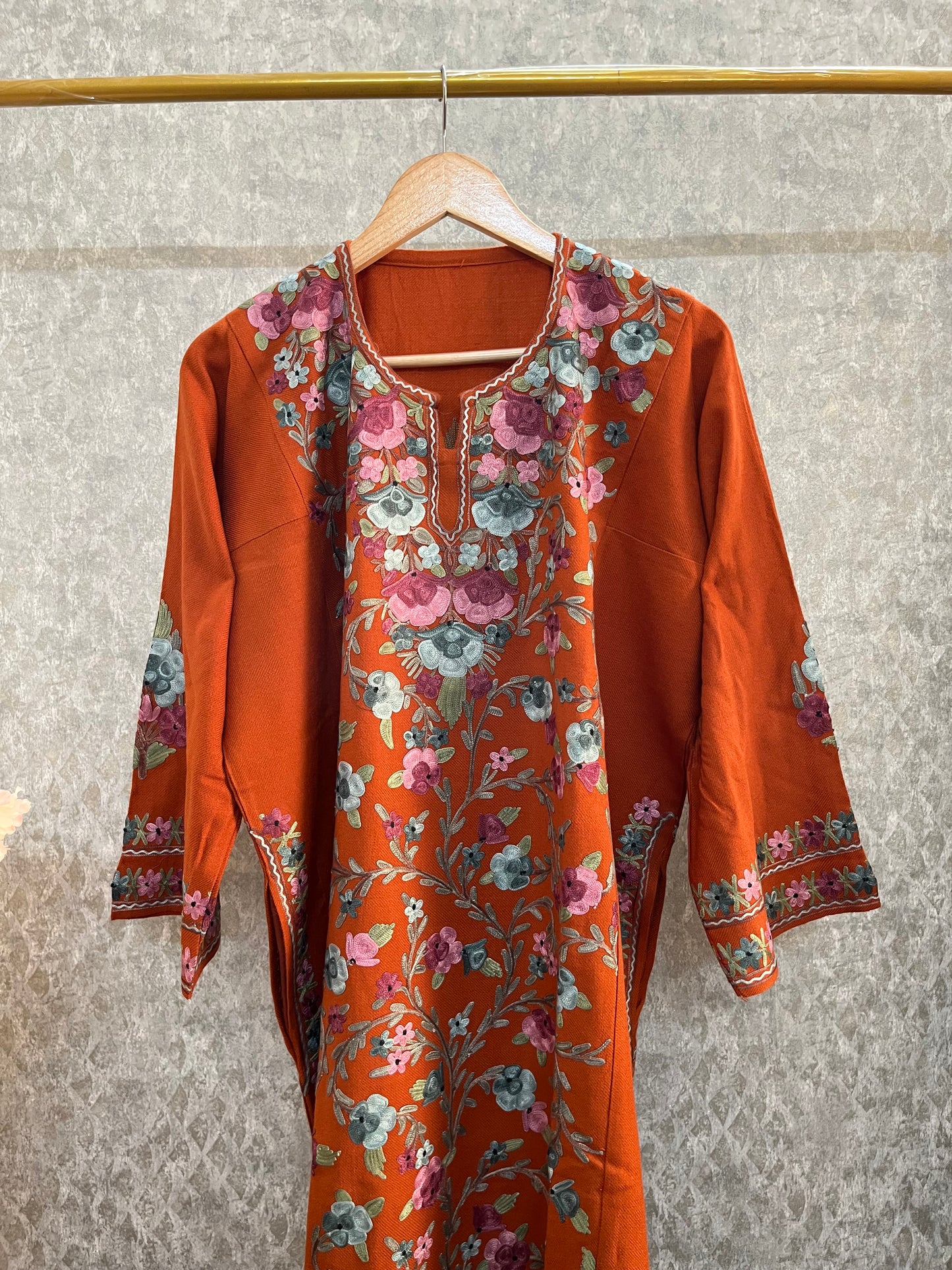 Orange Aari Embroidered Wool Pheran