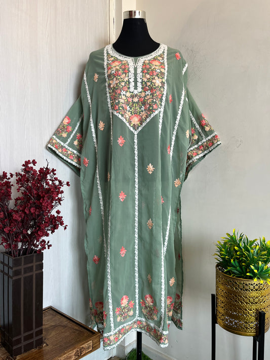 Pastel Green Georgette All over Work Aari Embroidered Unstitched Kurta Material