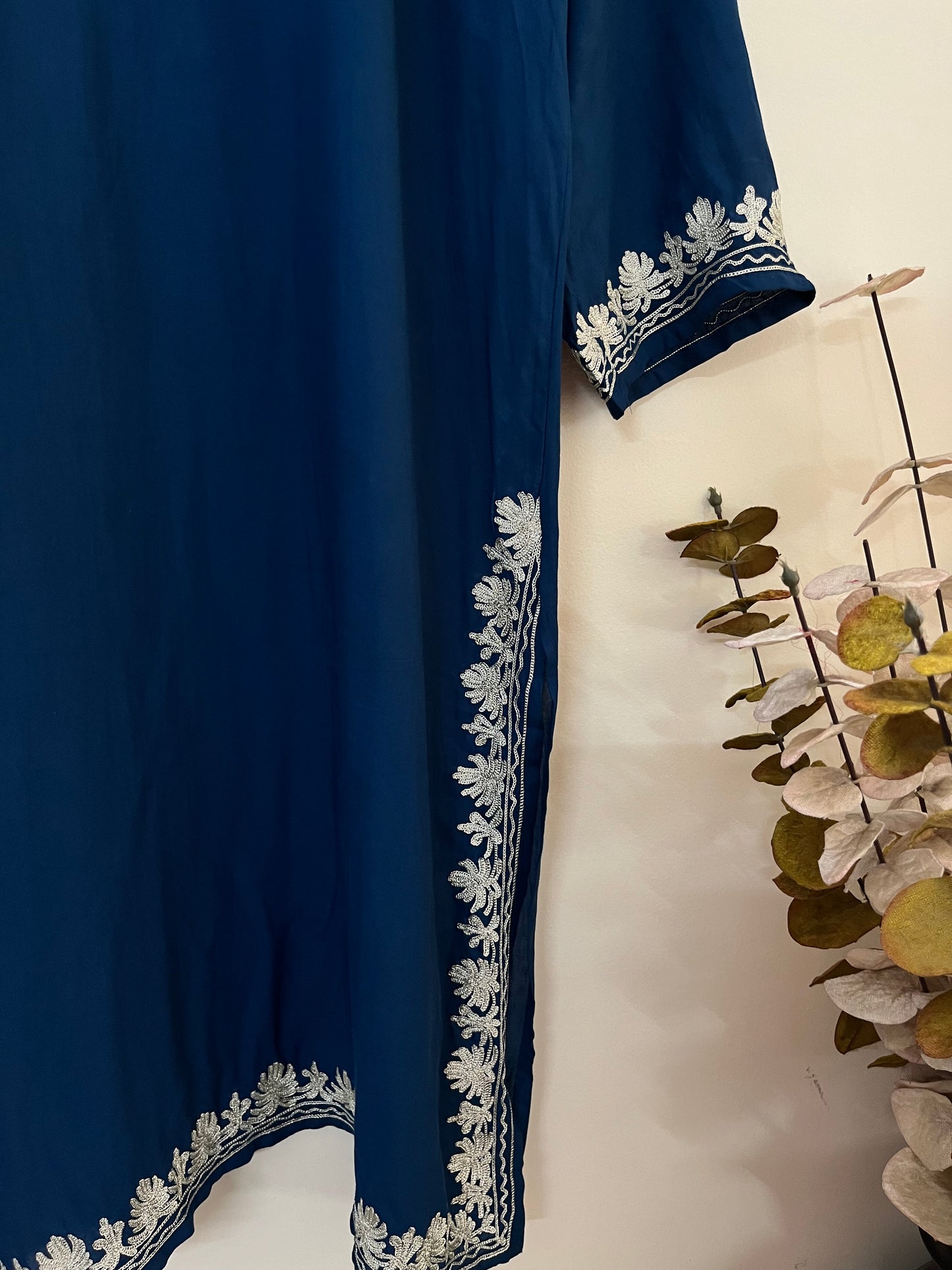 Blue Cotton Tilla Embroidered Stitched Kurta