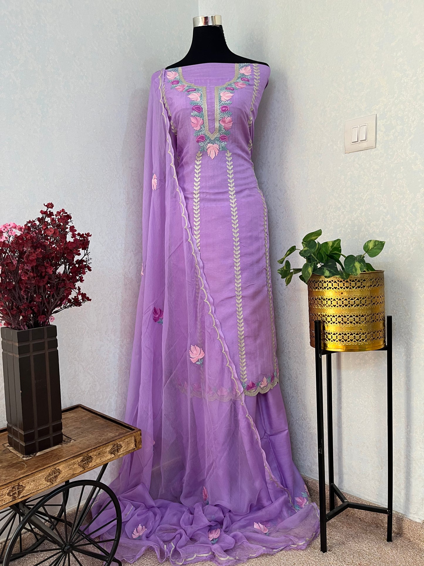 Lavender Sanam’ Silk Aari Embroidered Suit material