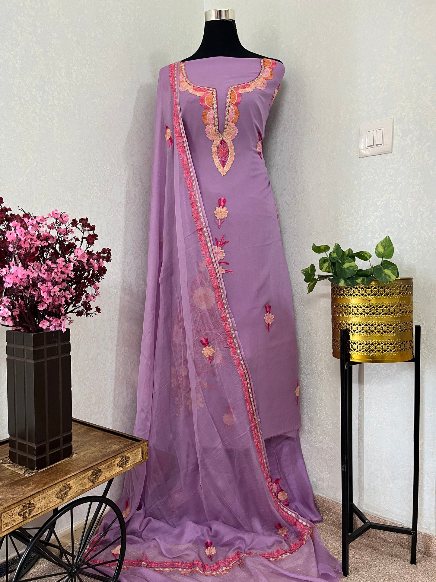 Panther Pink Pure Georgette Aari Embroidered Suito