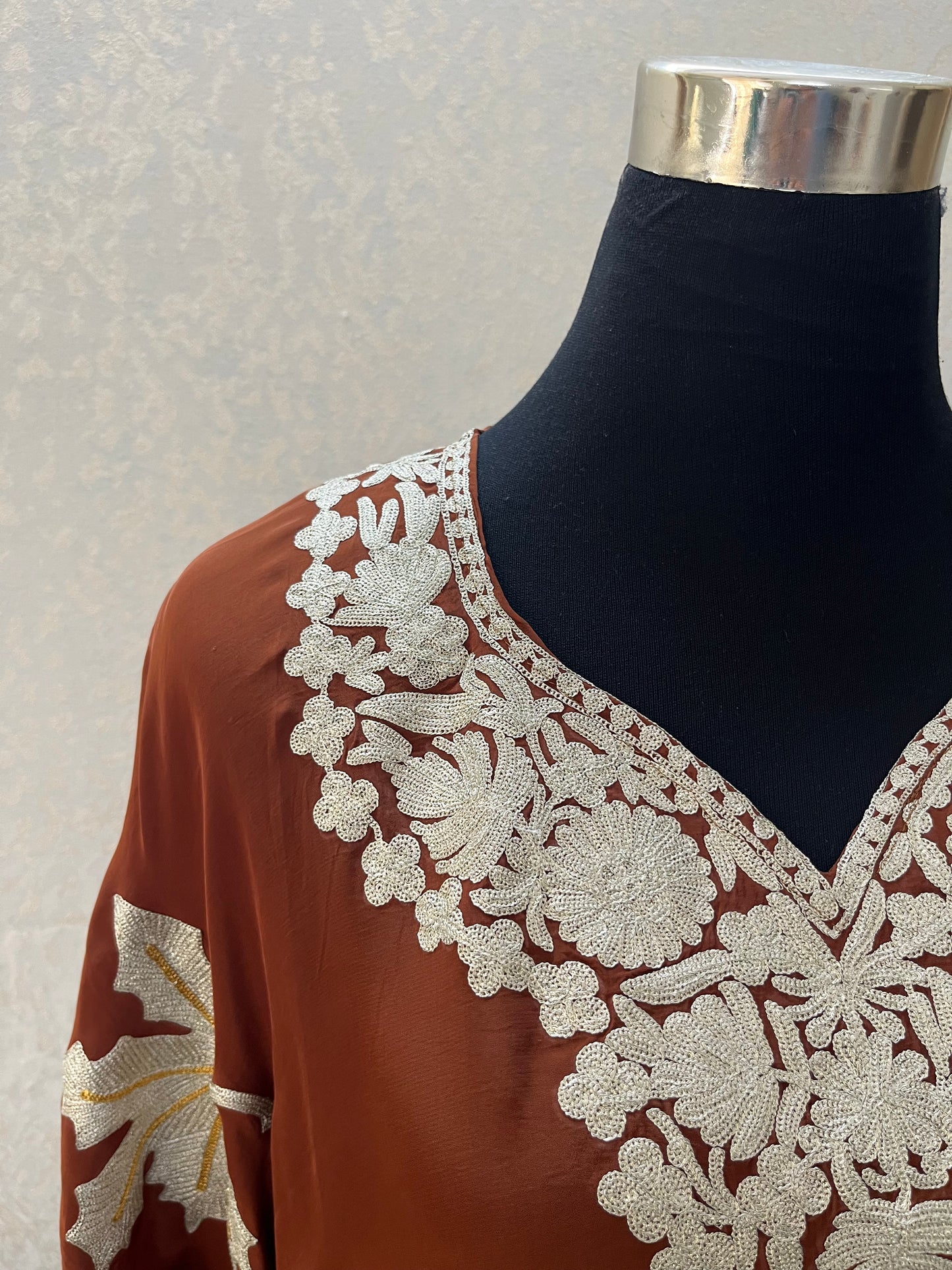 Brown Crape Kashmiri Kaftan Set