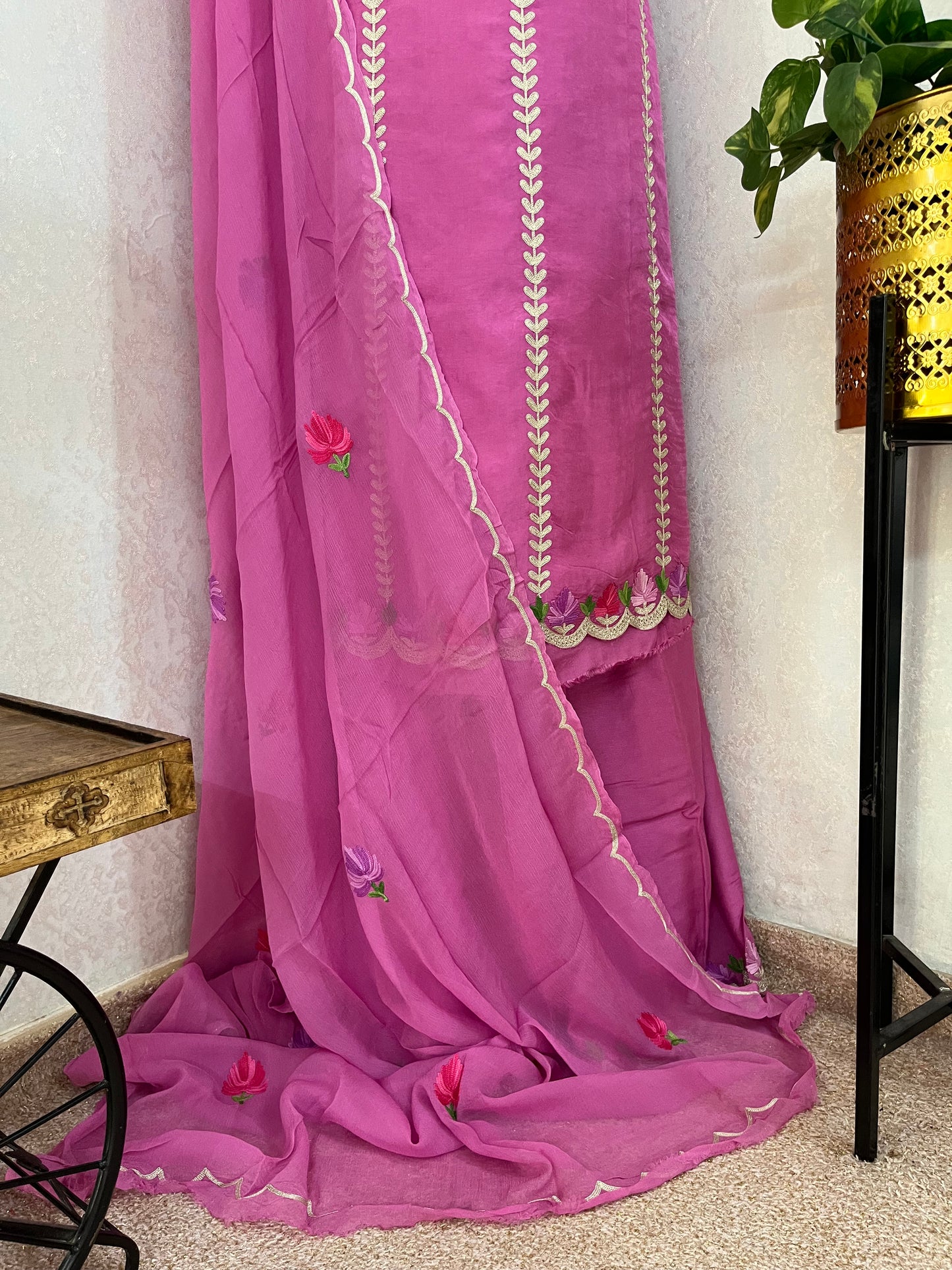 Sanam’ Mauve Silk Aari Embroidered Suit material