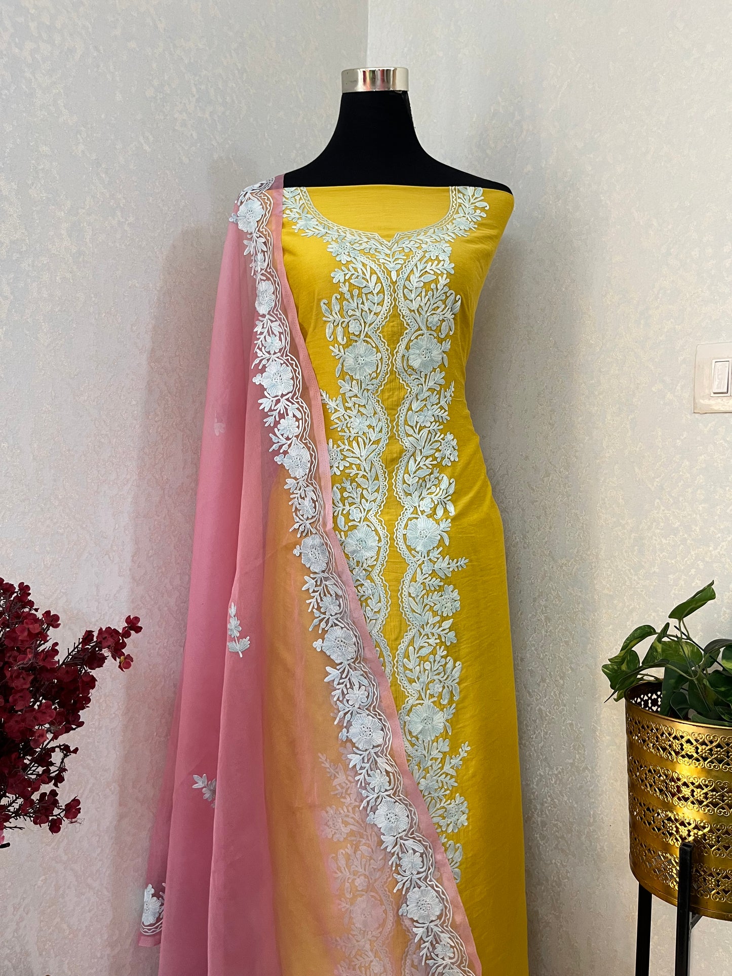 Golden Yellow Chanderi Silk Kashmiri Suit