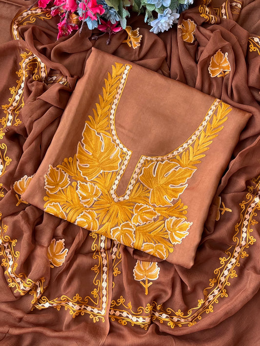 Soft Brown Opada Silk Kashmiri Suit