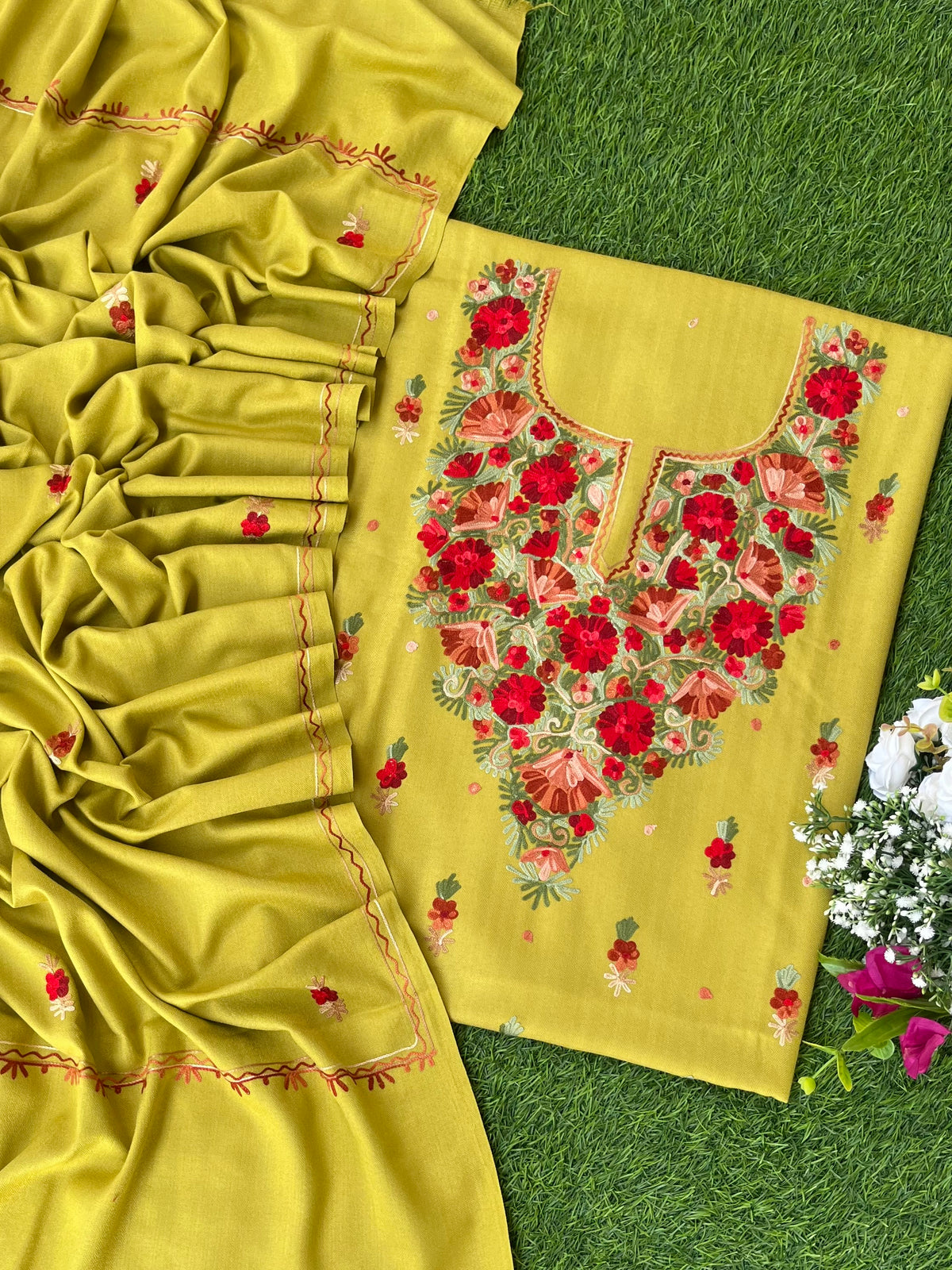 Lime Green Woollen Aari Embroidered 3pc suit
