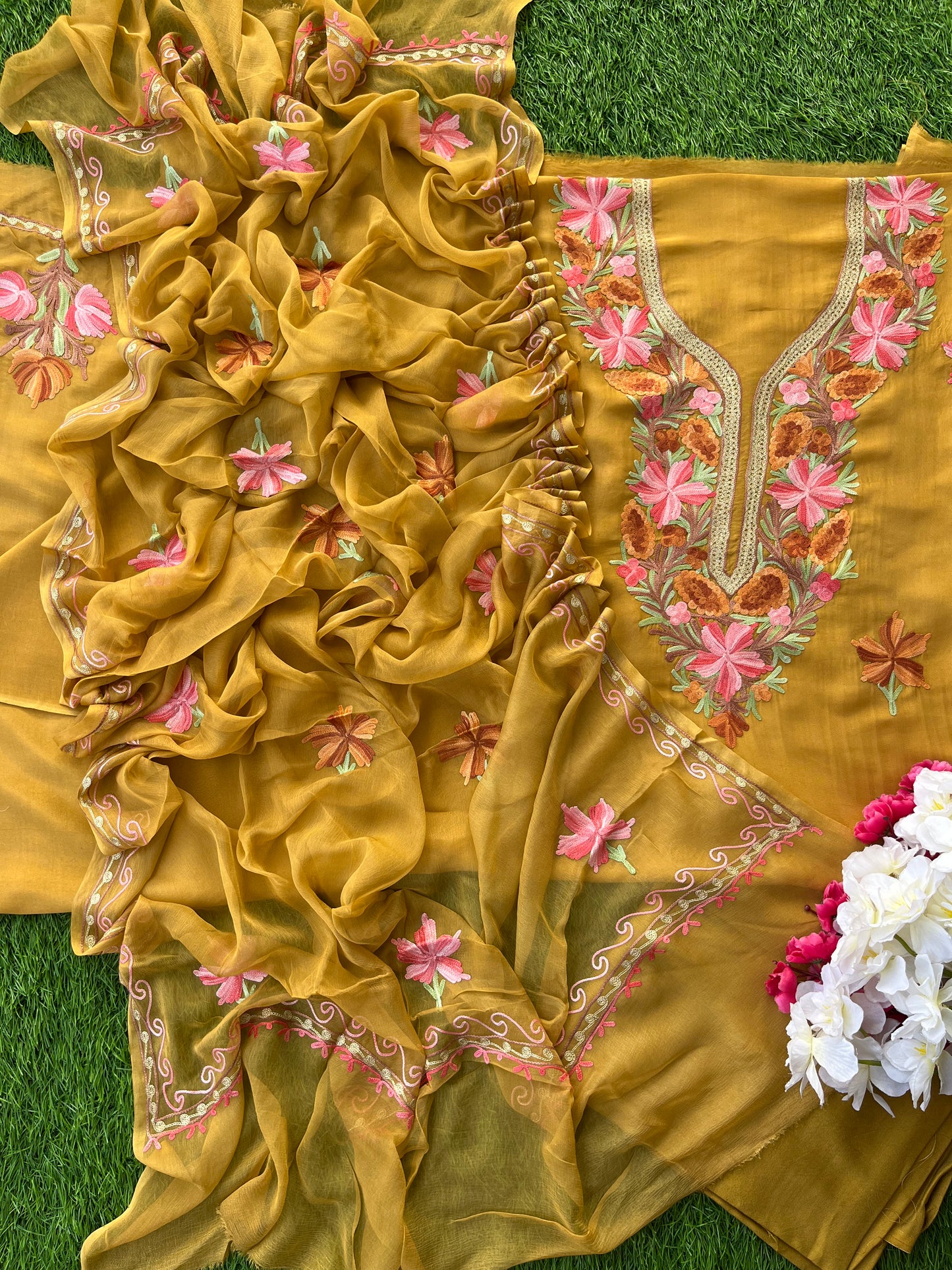 Mustard Opada Silk Aari Embroidered Suit material