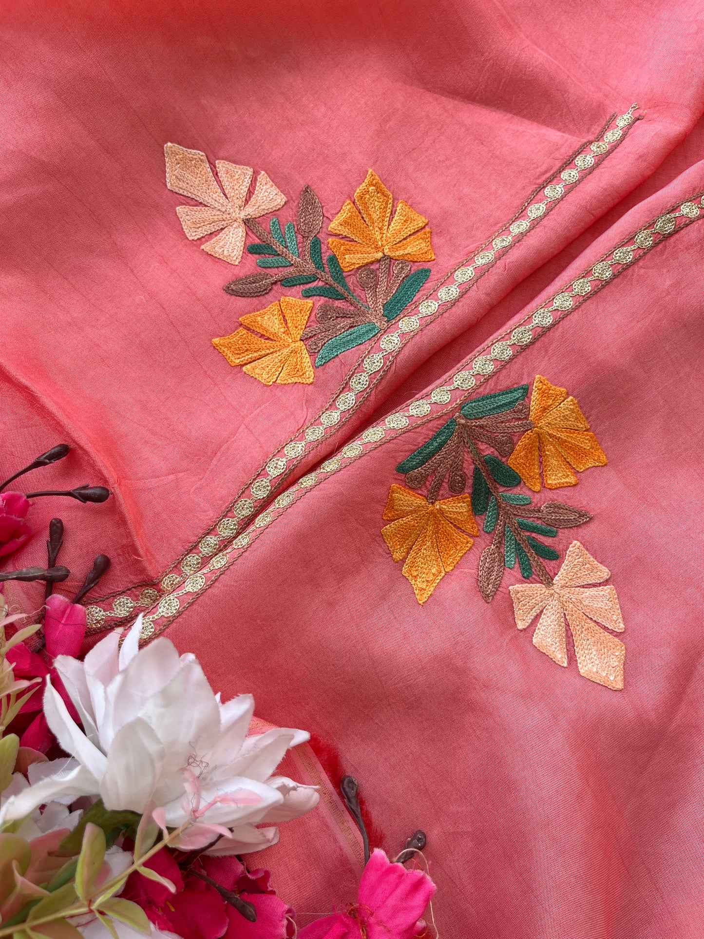 Peach Opada Silk Kashmiri Suit