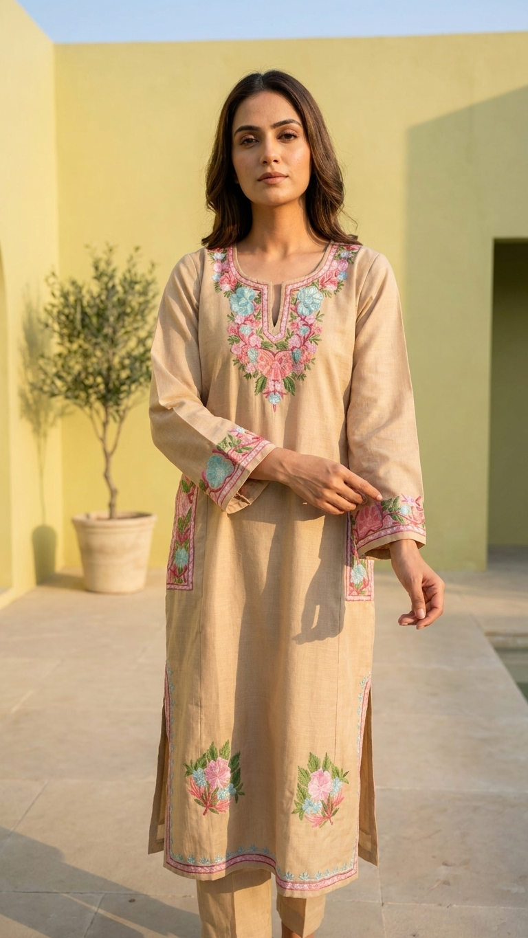 Beige Cotton Pheran Set