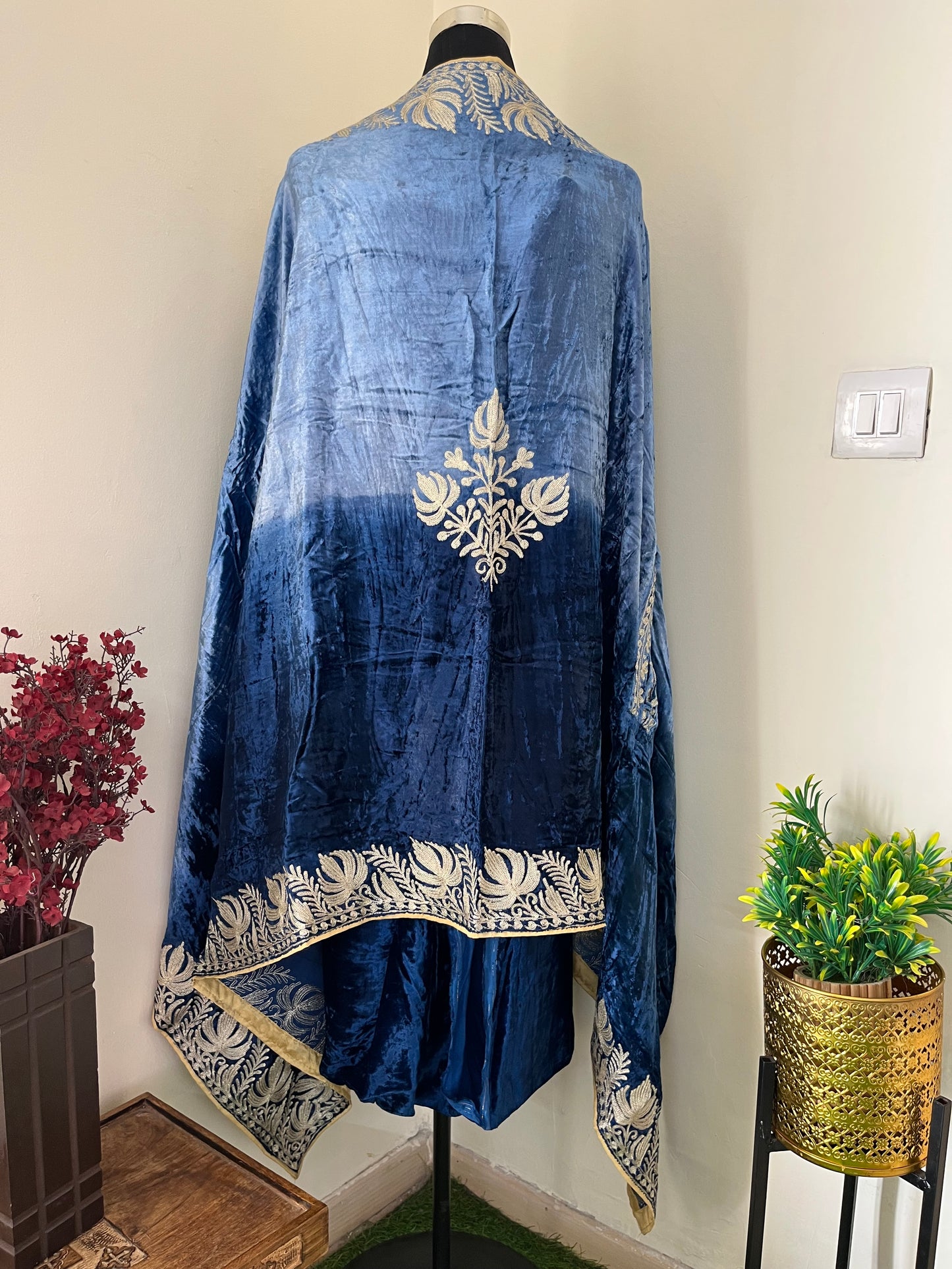 Haze Blue Tye Dye Tilla Embroidered Pure Makhmal Shirt and Cape Set