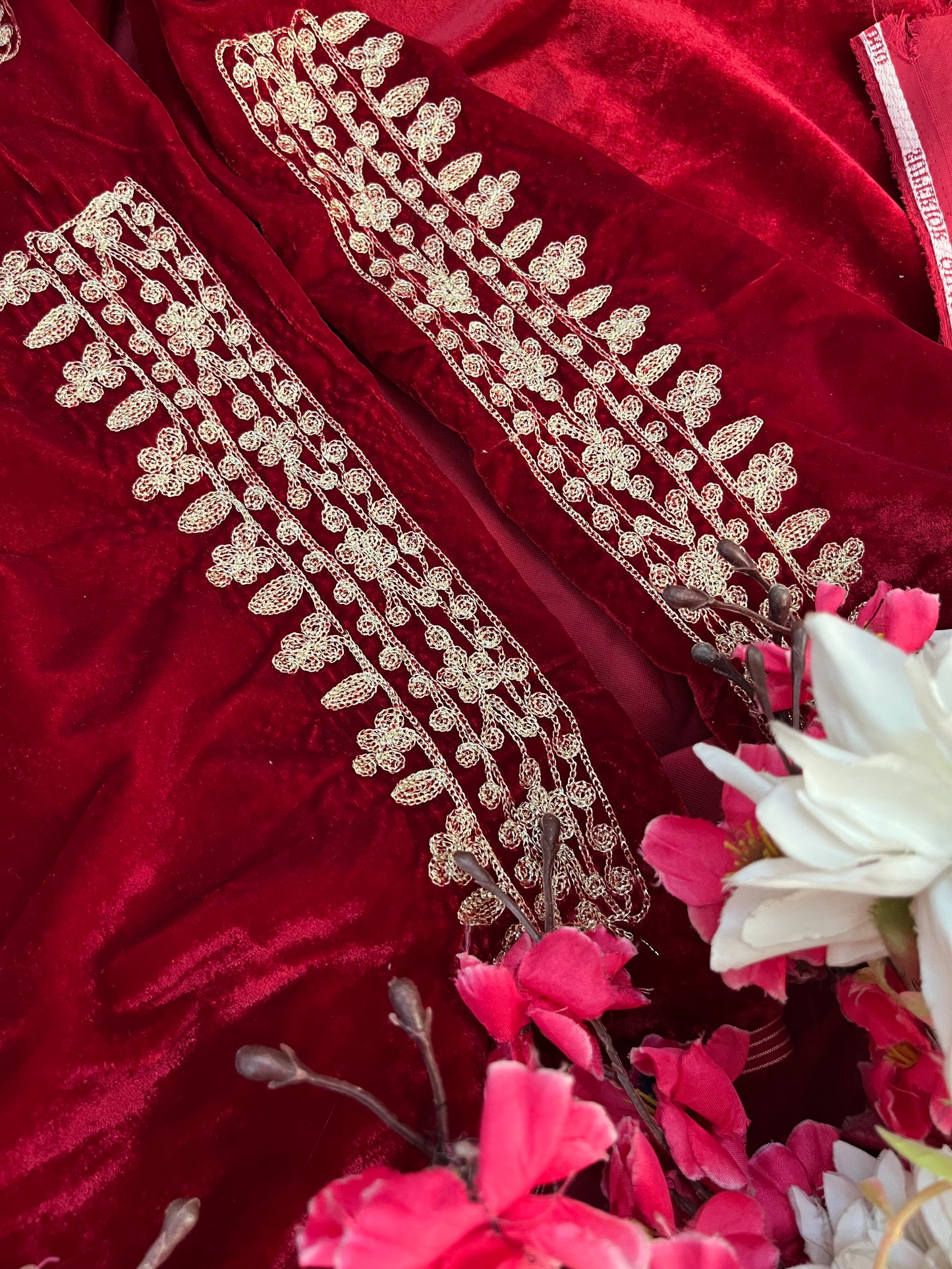 Maroon Tilla Embroidered Velvet 2pc Suit Material
