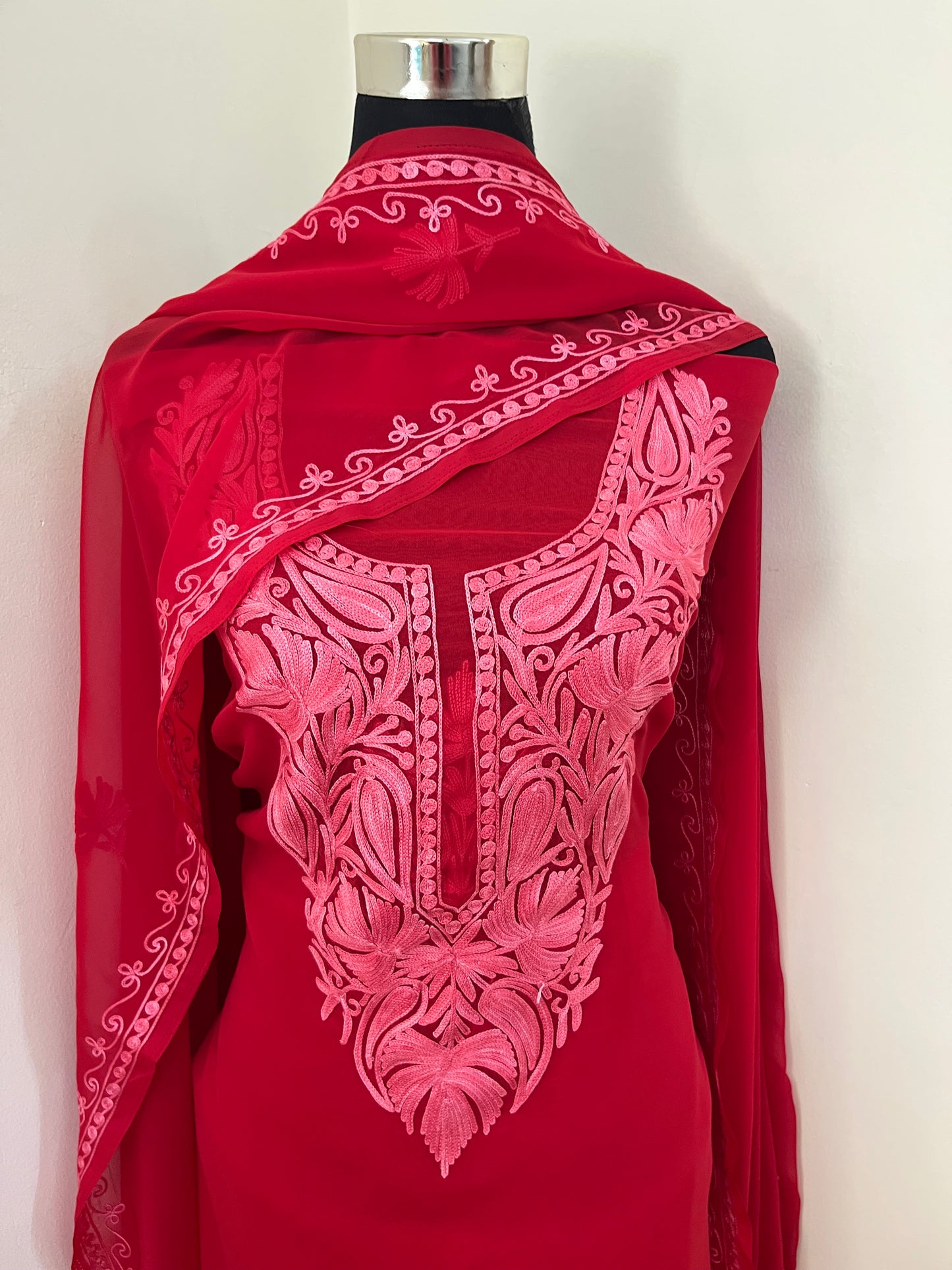 Red Georgette  3 Pc Aari Embroidered Suit Set