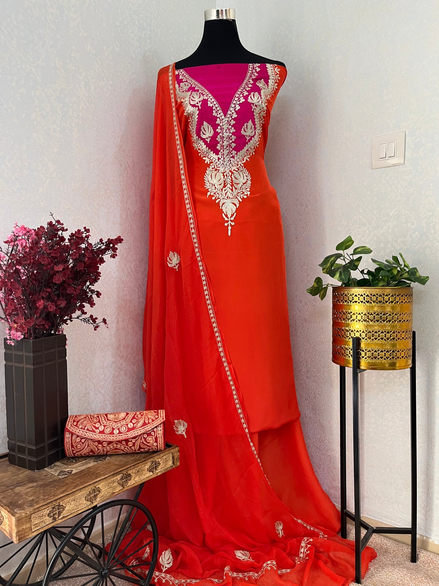 Orange Crape Kashmiri Suit with Clutch