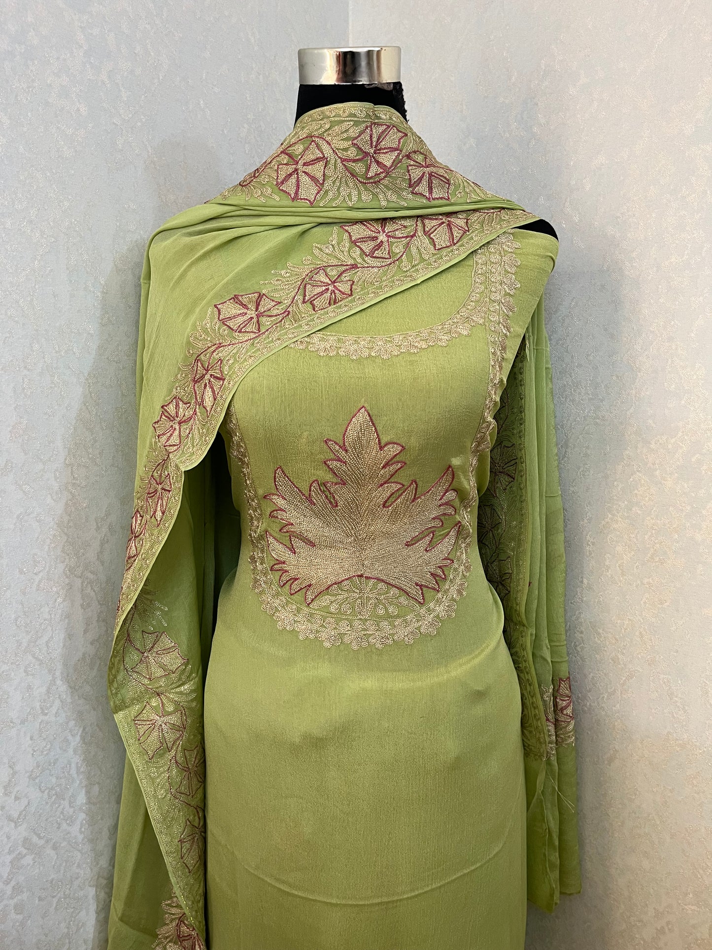 Lime Green Chinon 3 Pc Aari Embroidered Suit