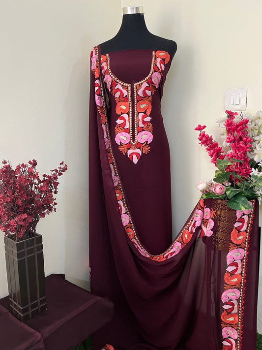 Plum Pure Georgette Kashmiri Suit