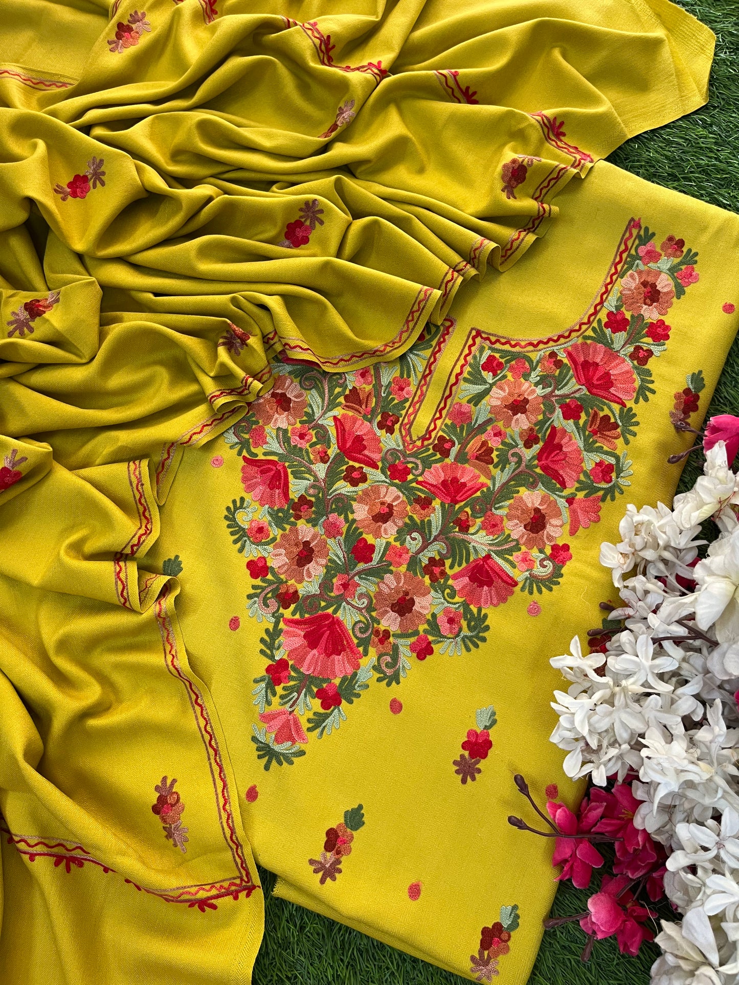 Lemon Green Woollen Aari Embroidered 3pc suit