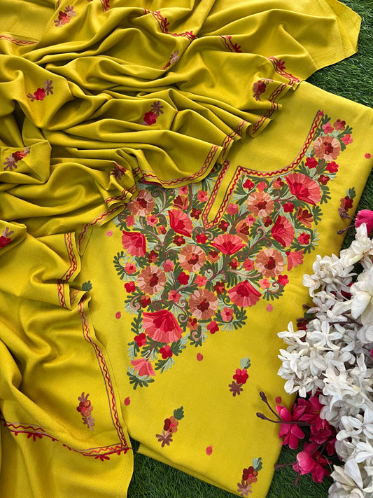 Lemon Green Woollen Aari Embroidered 3pc suit